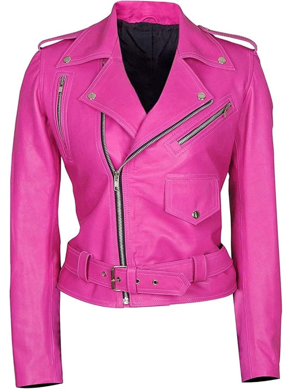 Women’s Hot Pink Faux Leather Motorcycle Biker Jacket Brando Style